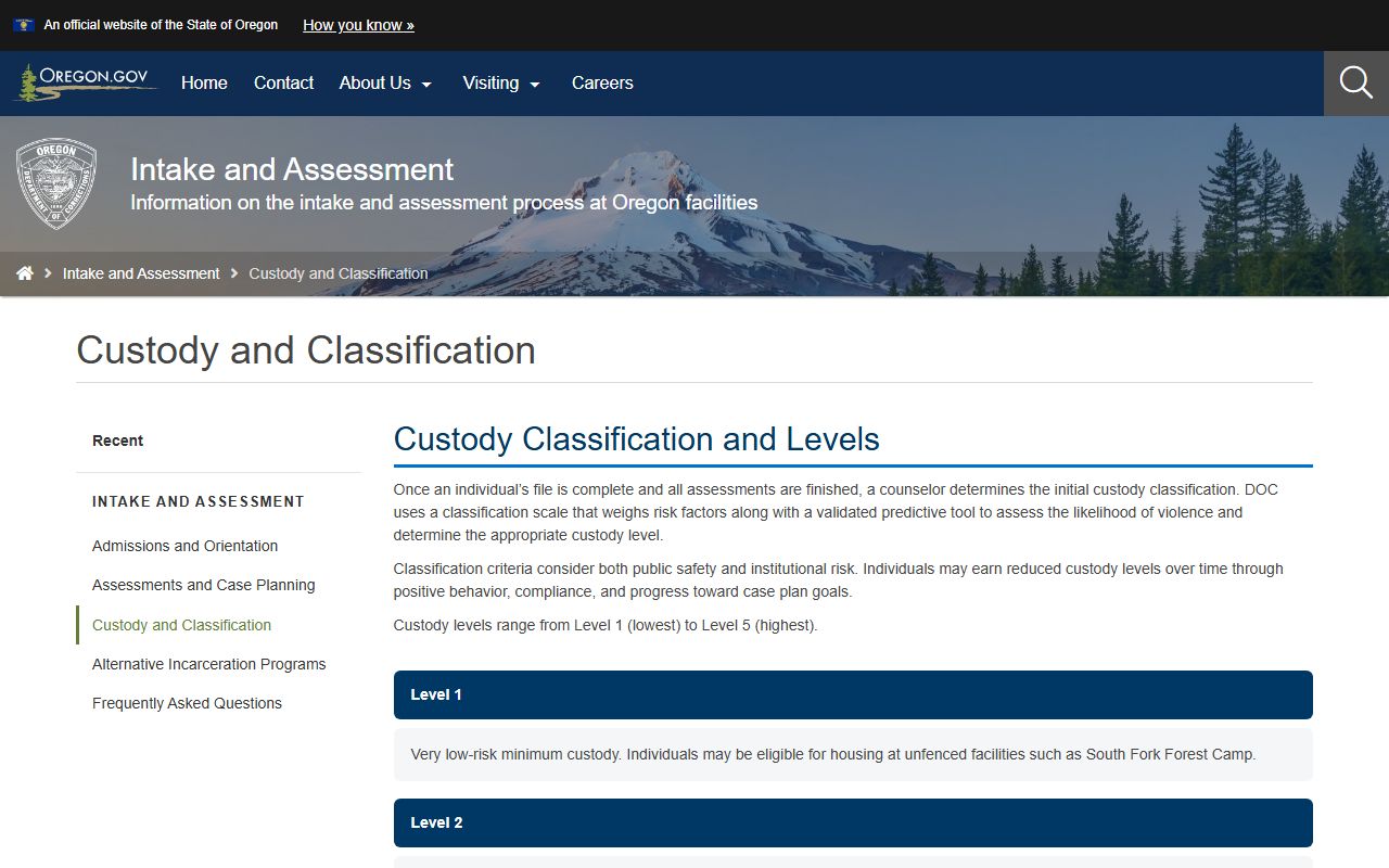 Oregon DOC custody levels for DOC inmate population classification