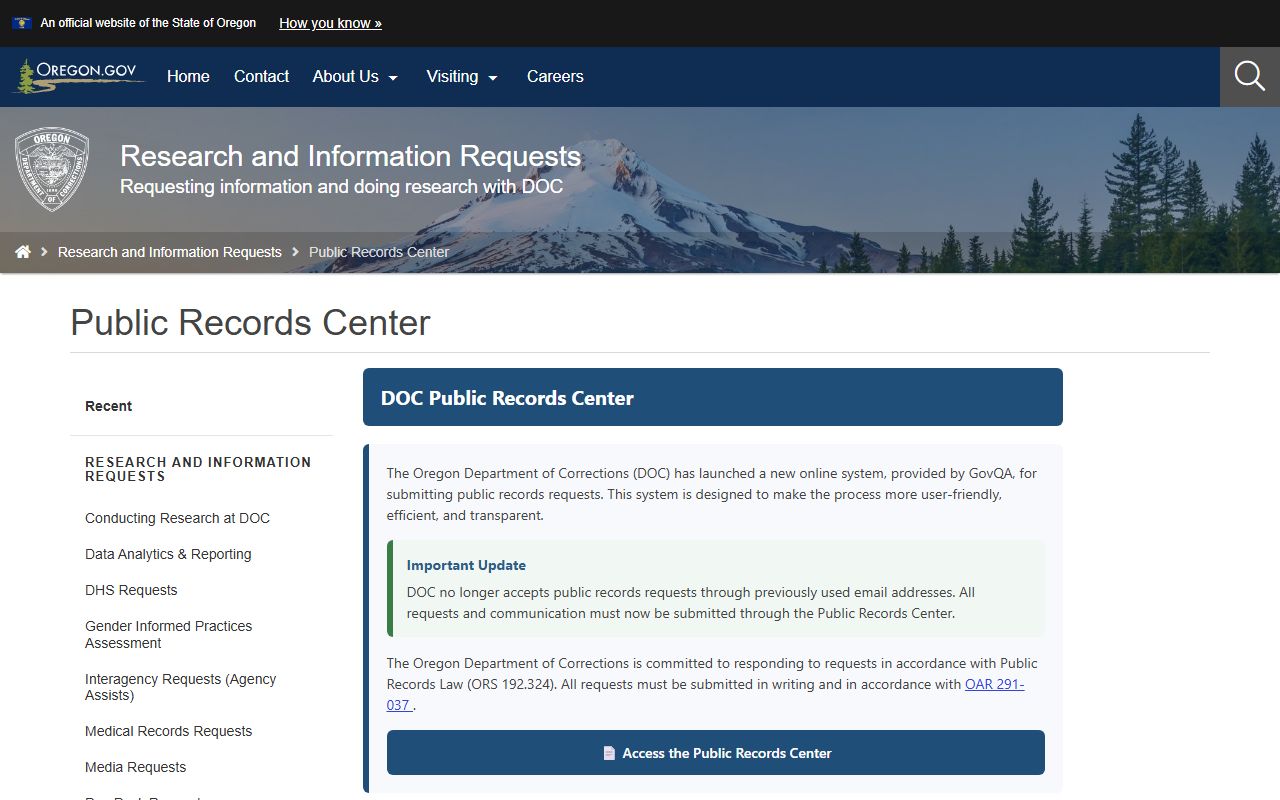 Oregon DOC public records request process for inmate records