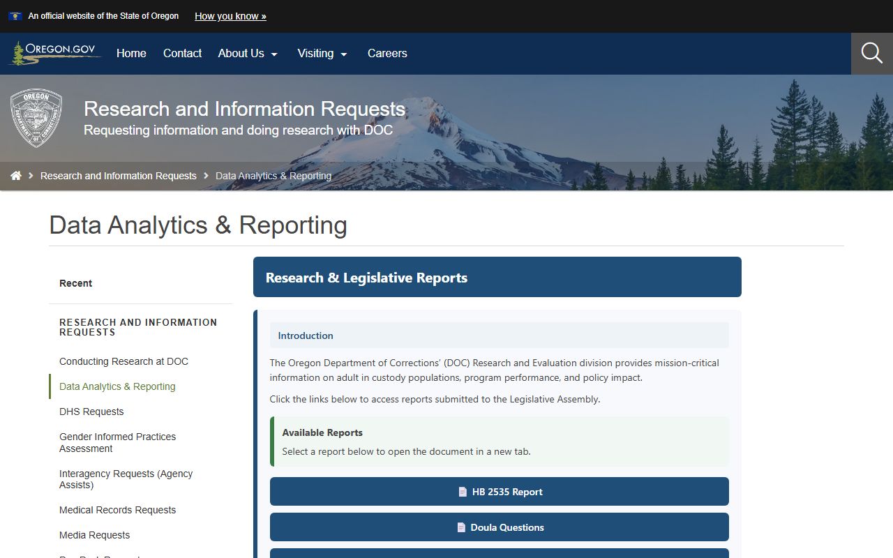 Oregon DOC reports and statistics hub for inmate population reports