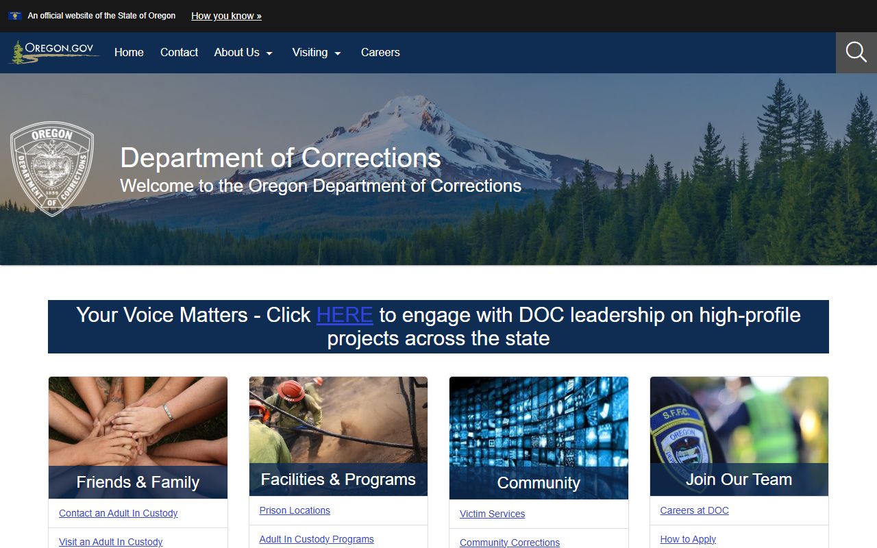 Oregon DOC home page for Oregon inmate population and prison search