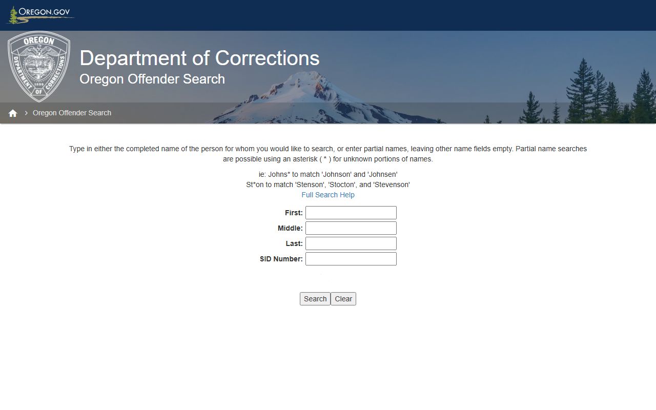 Oregon Offender Search form for Oregon DOC inmate population lookup