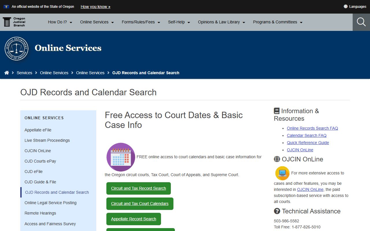 Oregon Judicial Department records and calendar search for court records after arrest