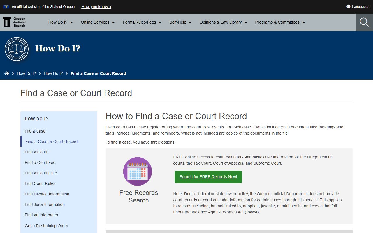 Oregon Judicial Department case record page for court records after arrest
