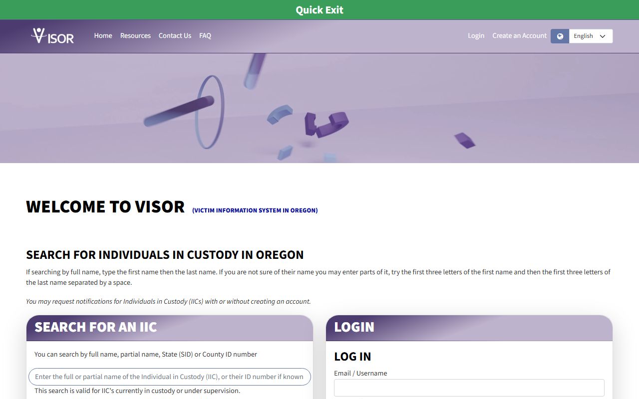 Oregon VISOR custody search and notification portal